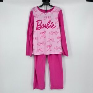 NWOT Barbie Girls Pink Pajama Set 2 Piece Fleece Bow Logo Size Medium 7/8